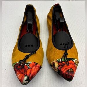 Women's Mustard Suede Pointed Toe Ballet Flats with Floral Toe, SZ 41 EU, box 14